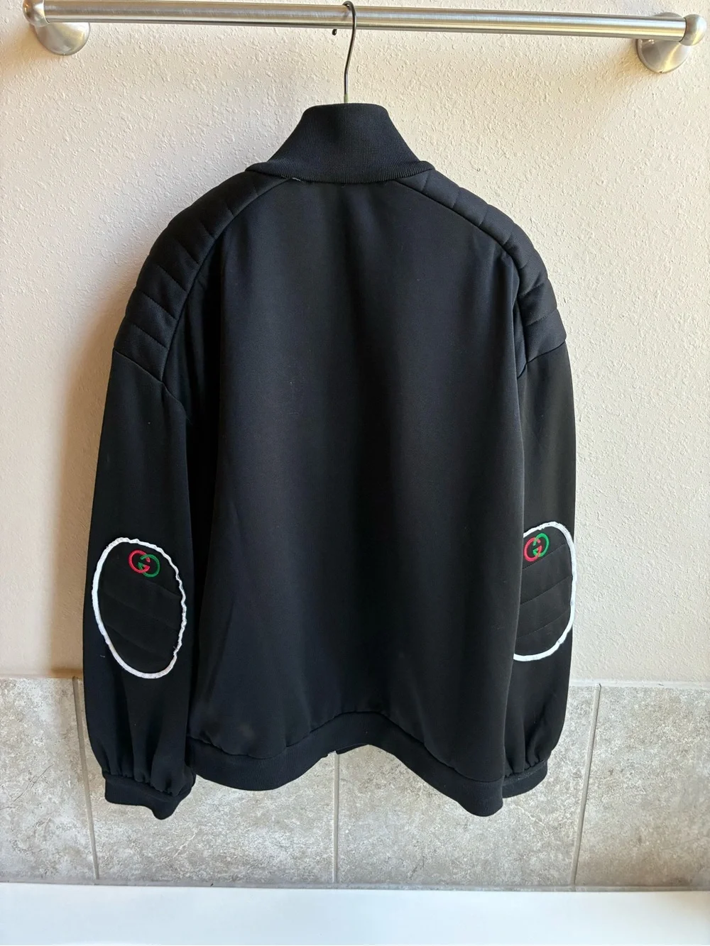 Gucci Black Zip-Front Bomber Jacket with Green & Red Interlocking GG Patch